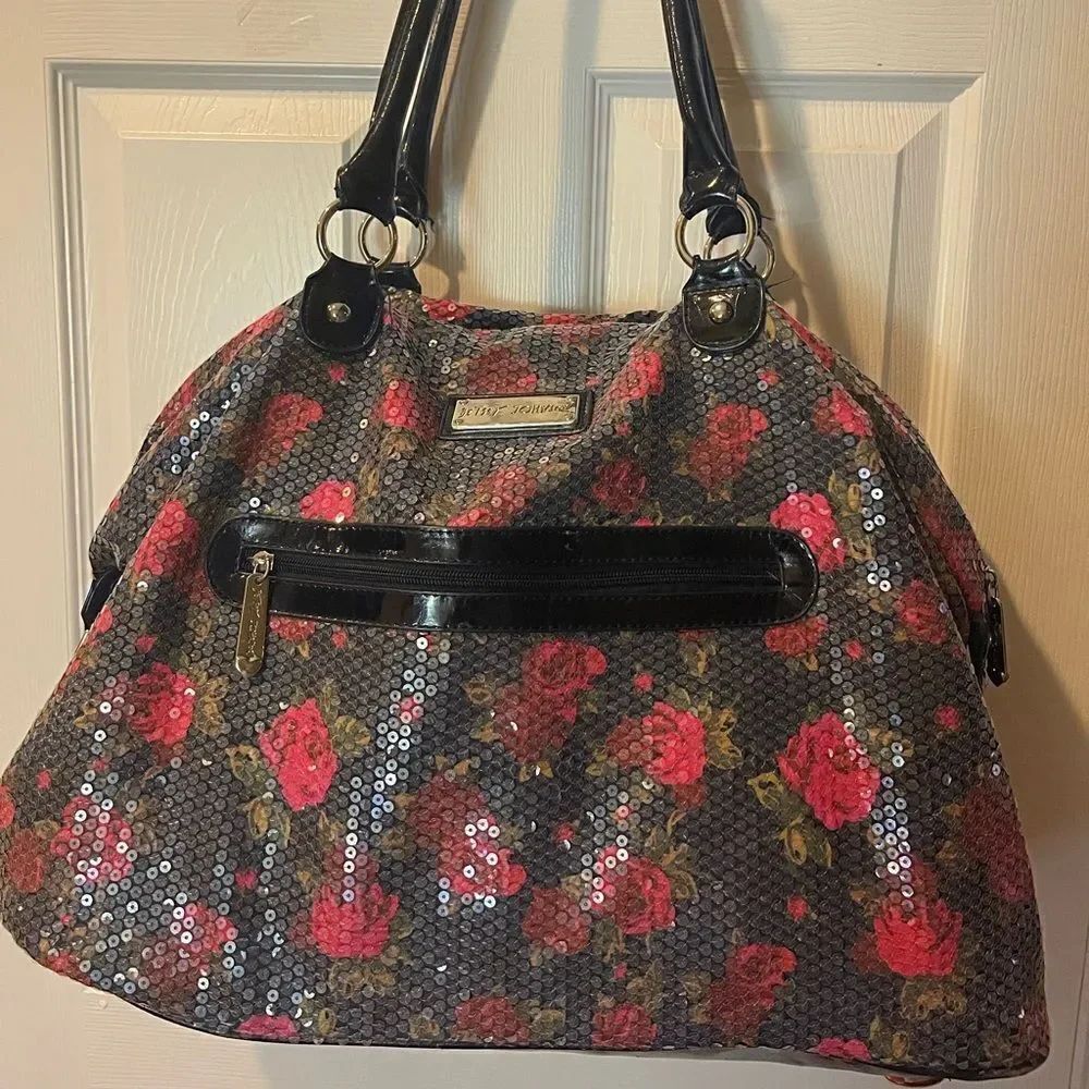 BETSEY JOHNSON Full SEQUINS RED ROSES Tote HOBO  Weekender Bag